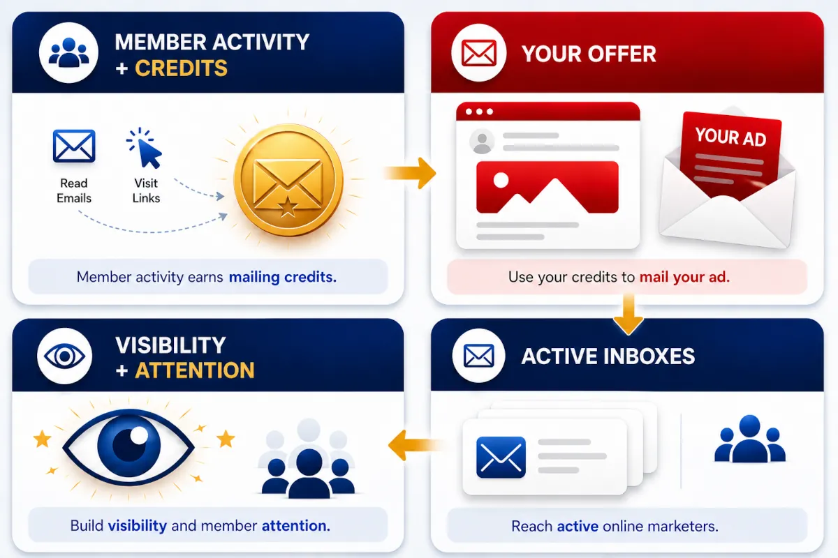 Mister Safelist advertising flow showing member activity and mailing credits, your offer, active inboxes, and visibility with member attention